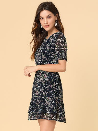 Short Sleeve Layered Ruffled Hem Watercolor Floral Chiffon Dress