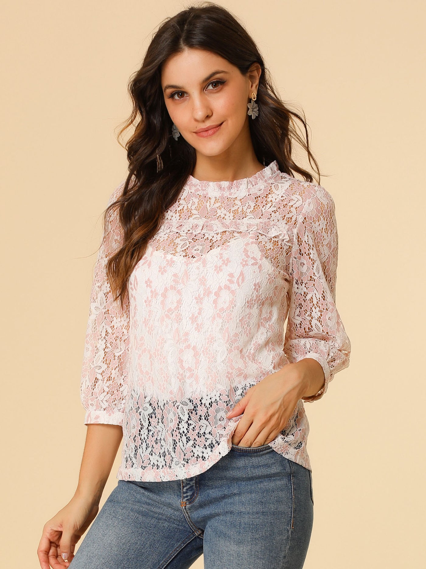 Valentine's Day 3/4 Sleeve Ruffle Mock Neck Sheer Lace Top | Allegra K
