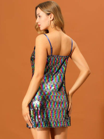 Glitter Sequin V Neck Spaghetti Strap Mini Party Dress