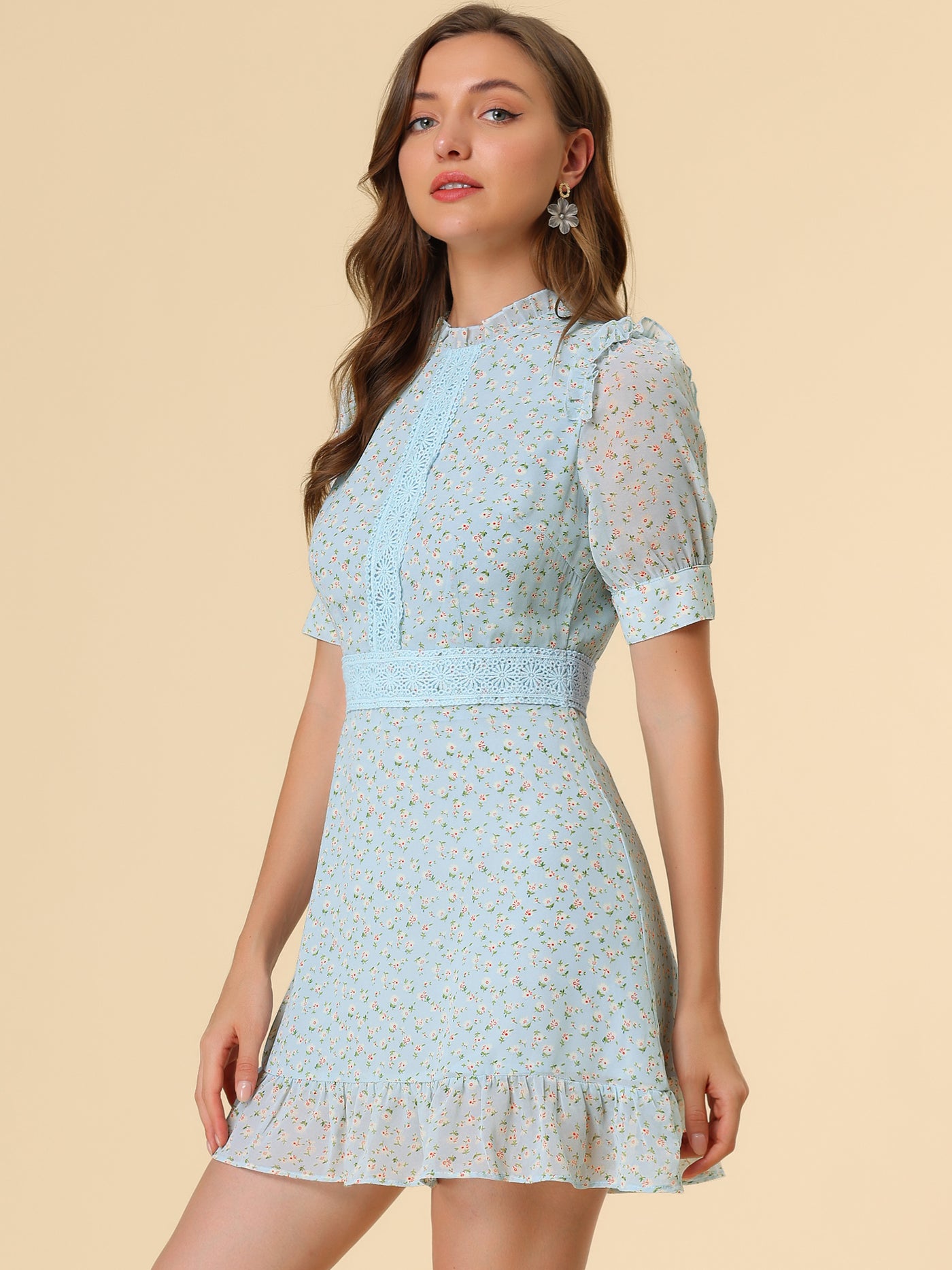 Allegra K Dots Fit and Flare Ruffle Hem Floral Lace Inset Mini Dress