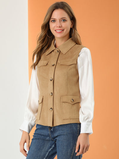 Faux Suede Vest Utility Buttoned Sleeveless Jacket with Cargo Pocket