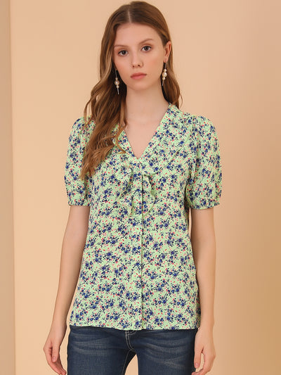 Summer Short Sleeve V Neck Ruffle Floral Button Down Shirt Top