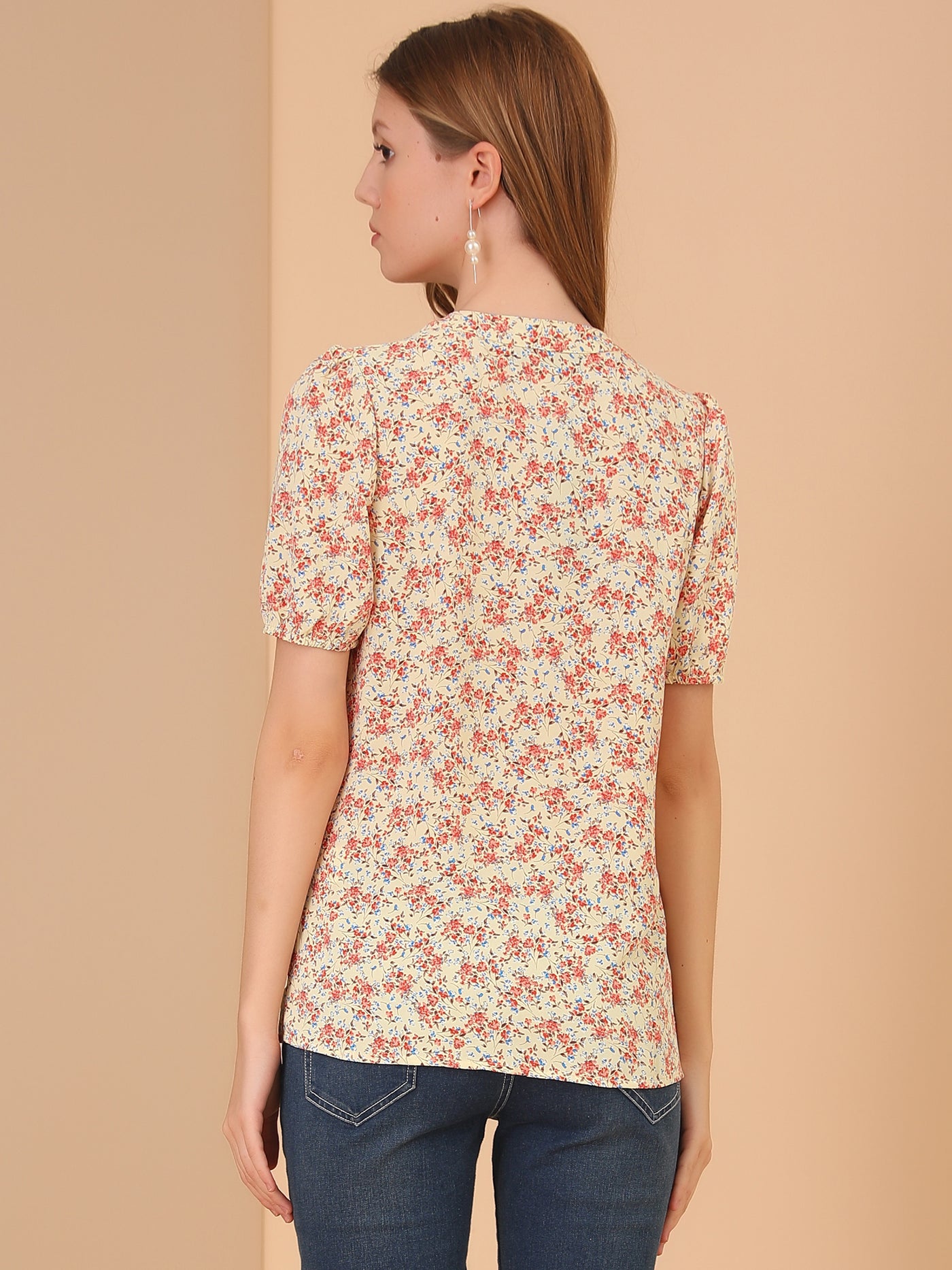 Allegra K Summer Short Sleeve V Neck Ruffle Floral Button Down Shirt Top
