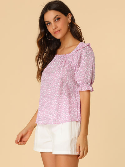 Square Neck Puff Sleeve Ruffled Trim Cotton Peasant Floral Top