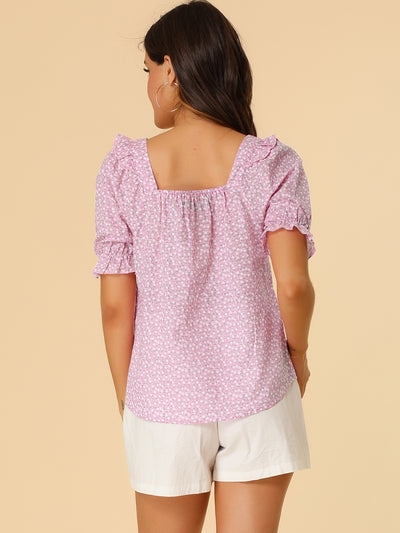 Square Neck Puff Sleeve Ruffled Trim Cotton Peasant Floral Top