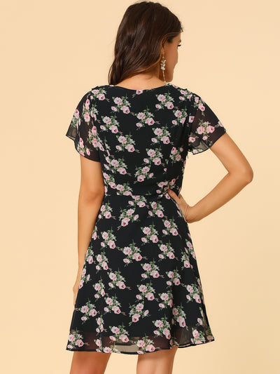 Ruffle Neck Short Sleeve A-Line Flowy Chiffon Floral Dress