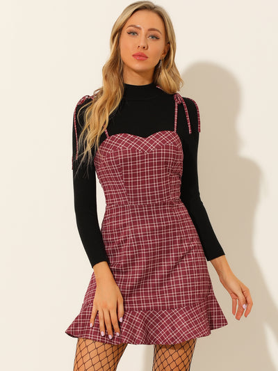 Cami Sweetheart Neck Spaghetti Straps Plaid Mini Ruffled Dress