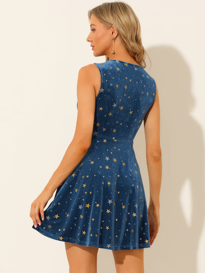 Shiny Stars Print Sleeveless Swing Mini Velvet Dress