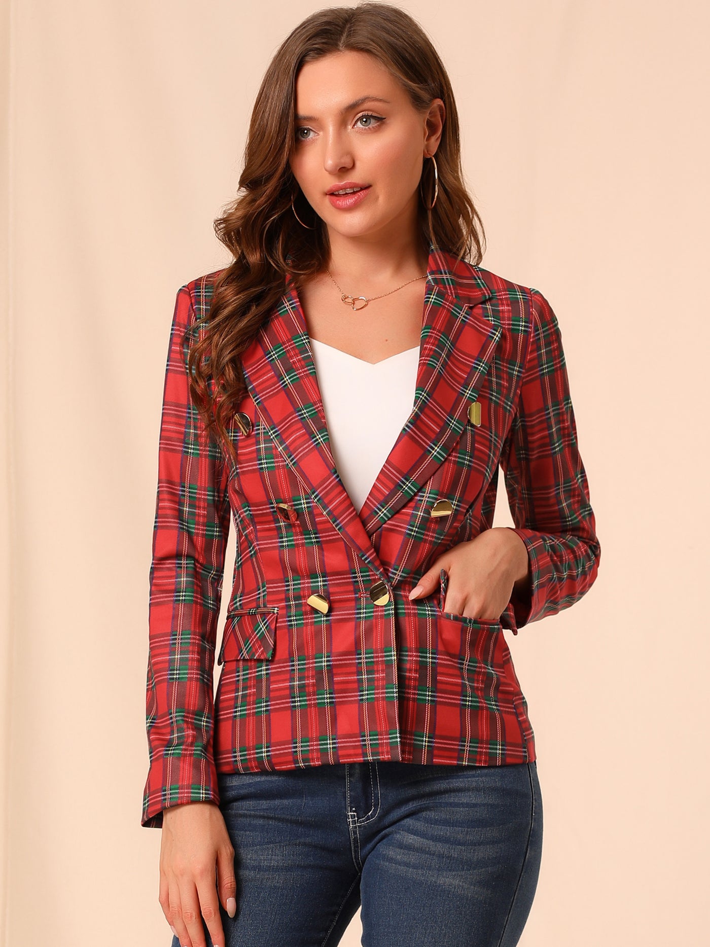 Allegra K Notched Lapel Double Breasted Plaid Blazer Jacket