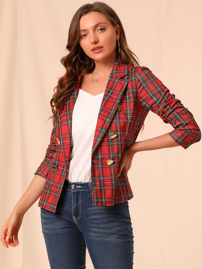 Notched Lapel Double Breasted Plaid Blazer Jacket
