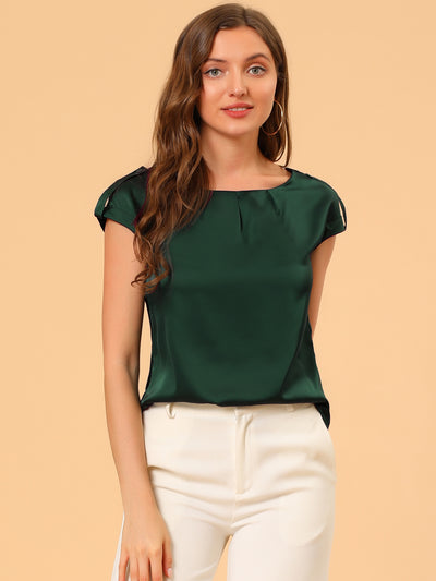 Satin Cap Sleeve Top Pleated Casual Work Office Blouse