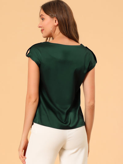 Satin Cap Sleeve Top Pleated Casual Work Office Blouse