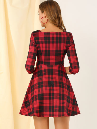 Plaid Square Neck Pockets High Waist Long Sleeve A-Line Dress