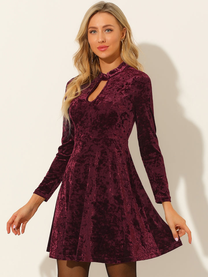 long sleeve velvet swing dress ClodeEU Womens Fall Velvet Mini Dress, V Neck Long Sleeve Elastic Waist Tiered Flowy Swing Dress Orange,Womens Plus M