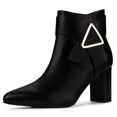 Pointed Toe Buckle Chunky Heel Ankle Boots
