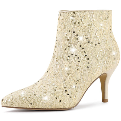 Glitter Sparkle Lace Stiletto Heel Party Sequin Ankle Boots