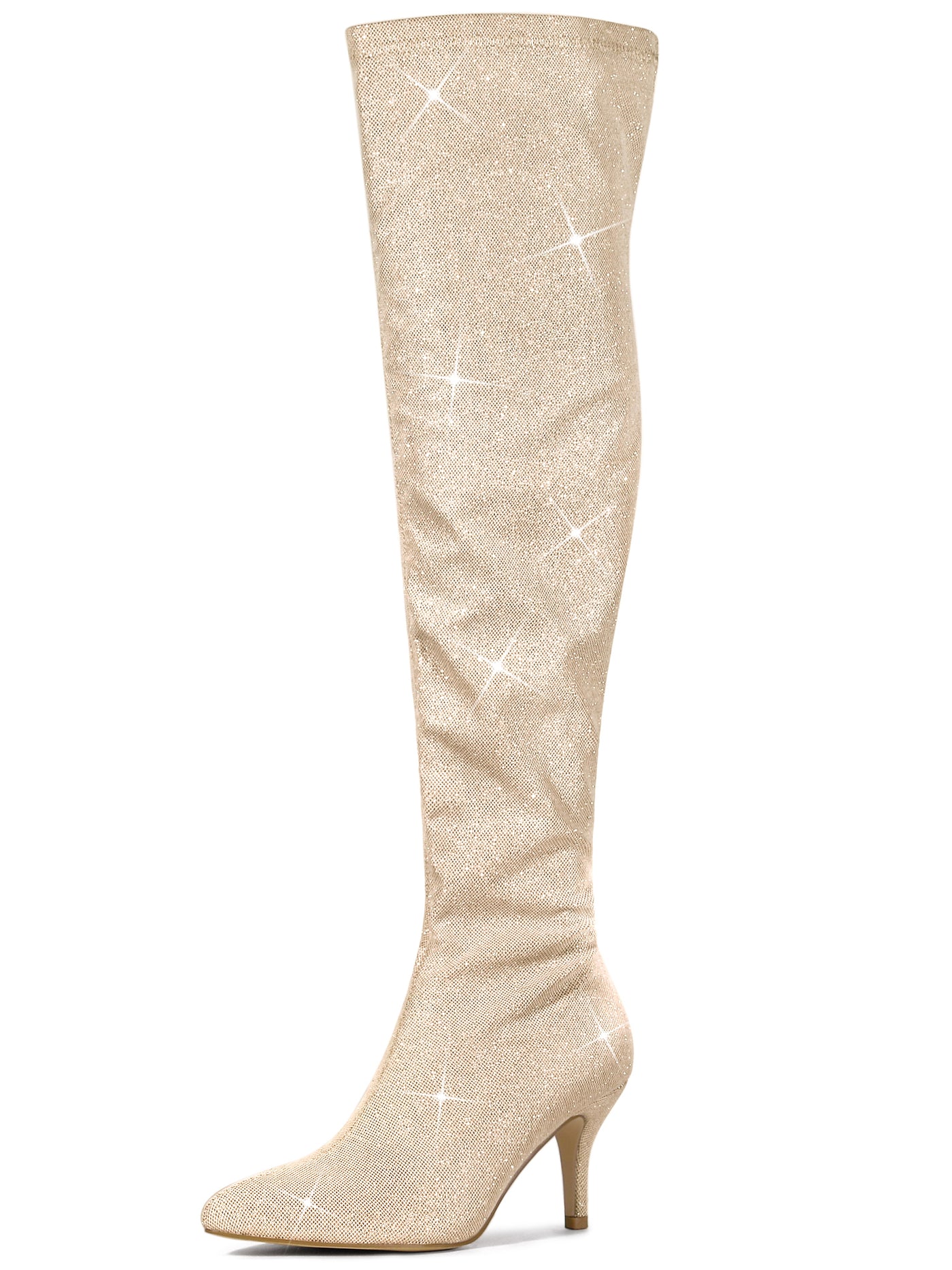 Allegra K Glitter Pointed Toe Stiletto Heel Over the Knee High Boot