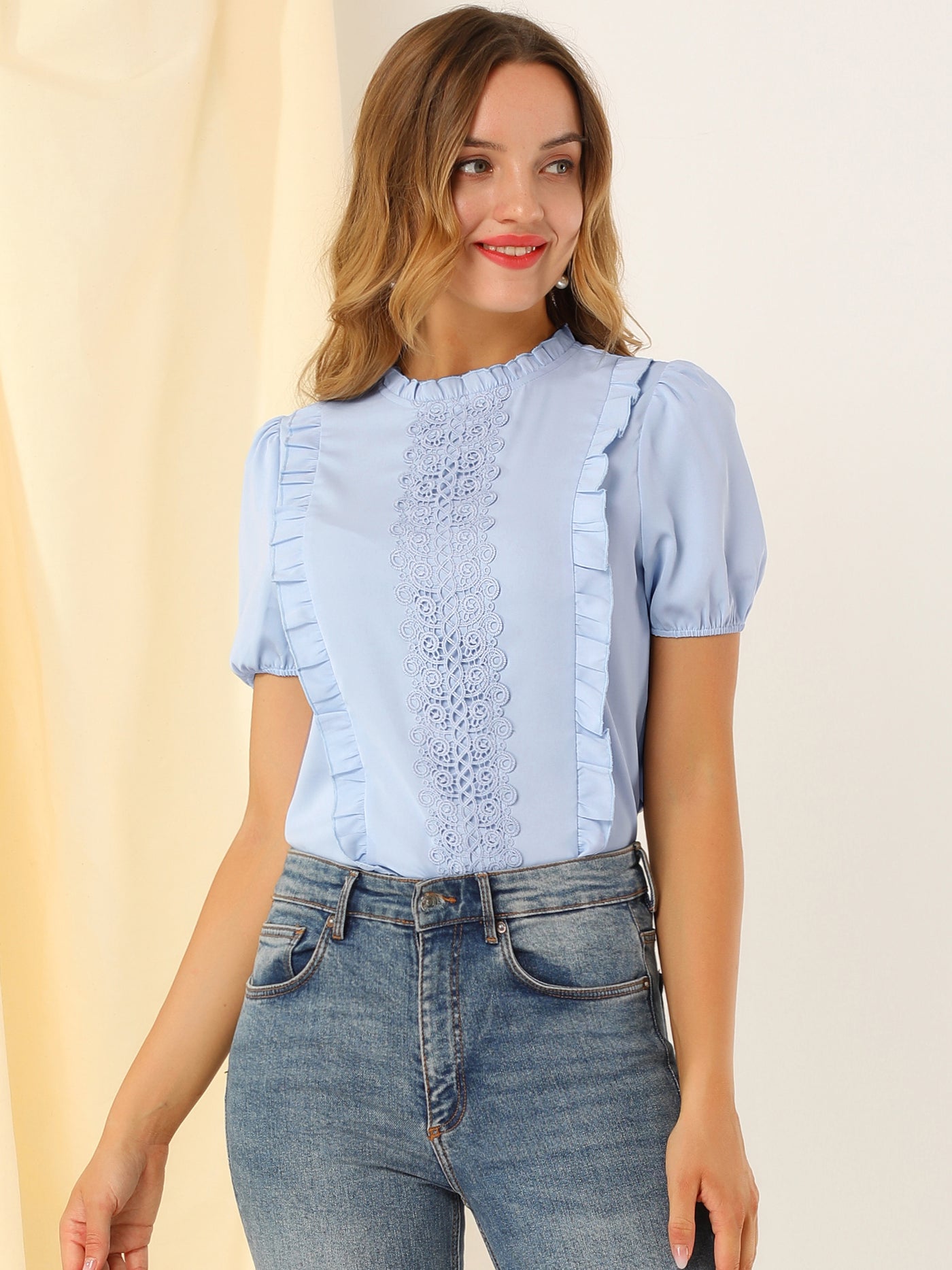 Allegra K Ruffle Frilled Crochet Lace Panel Mock Neck Short Sleeve Shirt Blouse