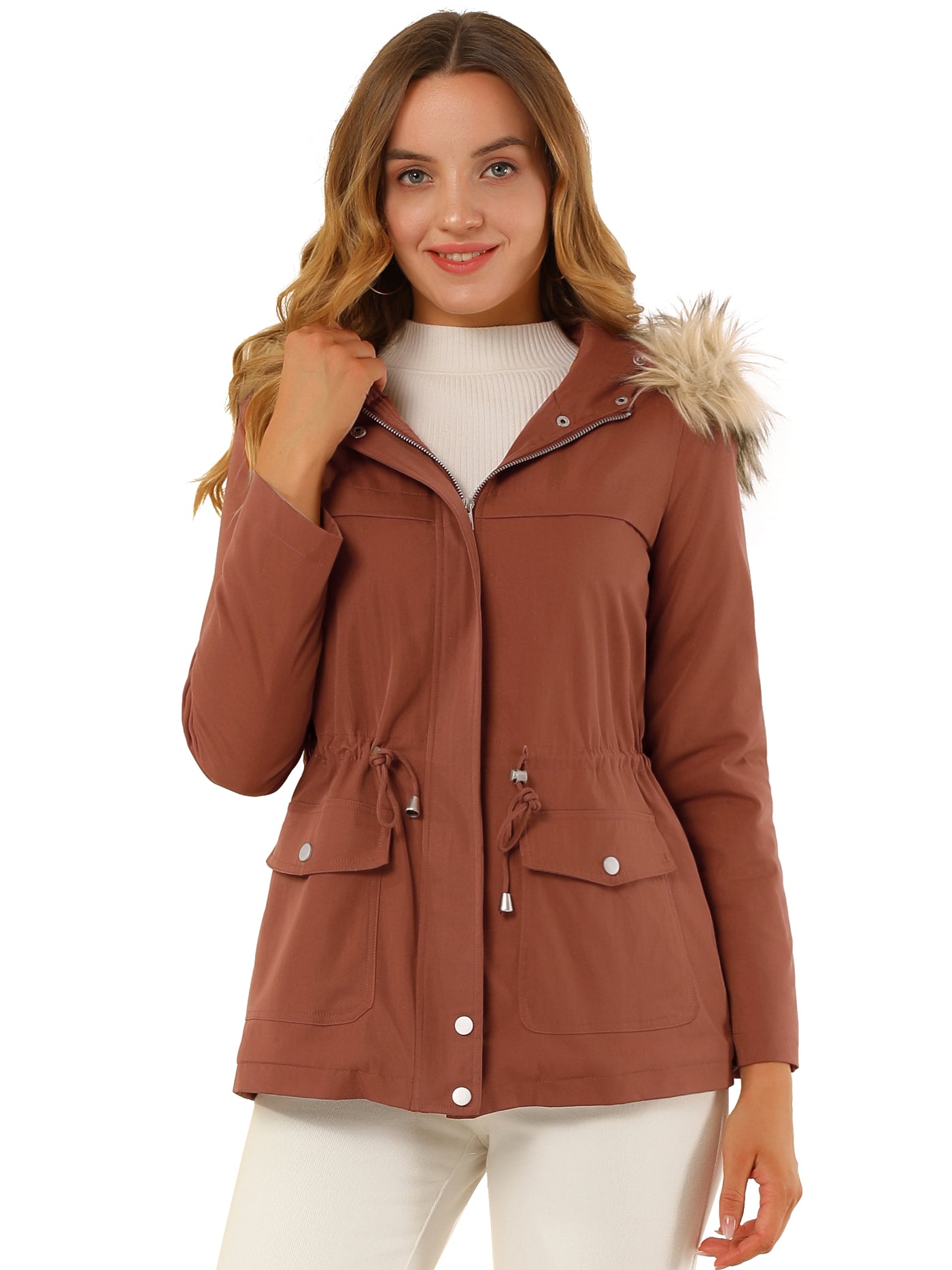 Allegra K Parkas with Faux Fur Lined Winter Warm Drawstring Zipper Hoodie Coat
