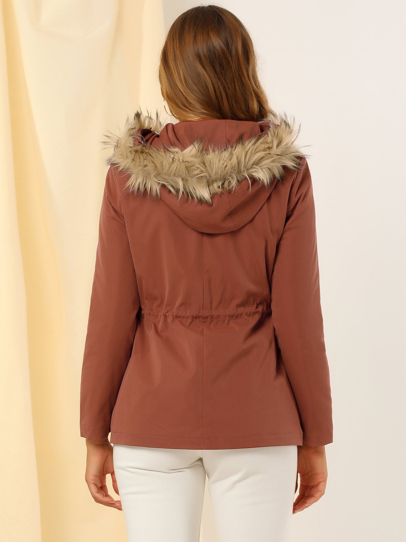 Allegra K Parkas with Faux Fur Lined Winter Warm Drawstring Zipper Hoodie Coat