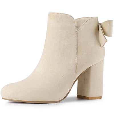 Round Toe Bow Decor Chunky Heel Ankle Boots
