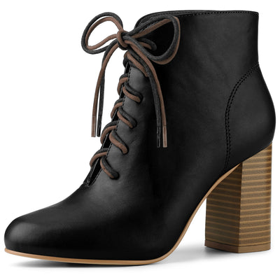 Allegra K Round Toe Lace Up Chunky Heel Ankle Booties