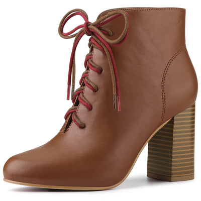 Round Toe Lace Up Chunky Heel Ankle Booties