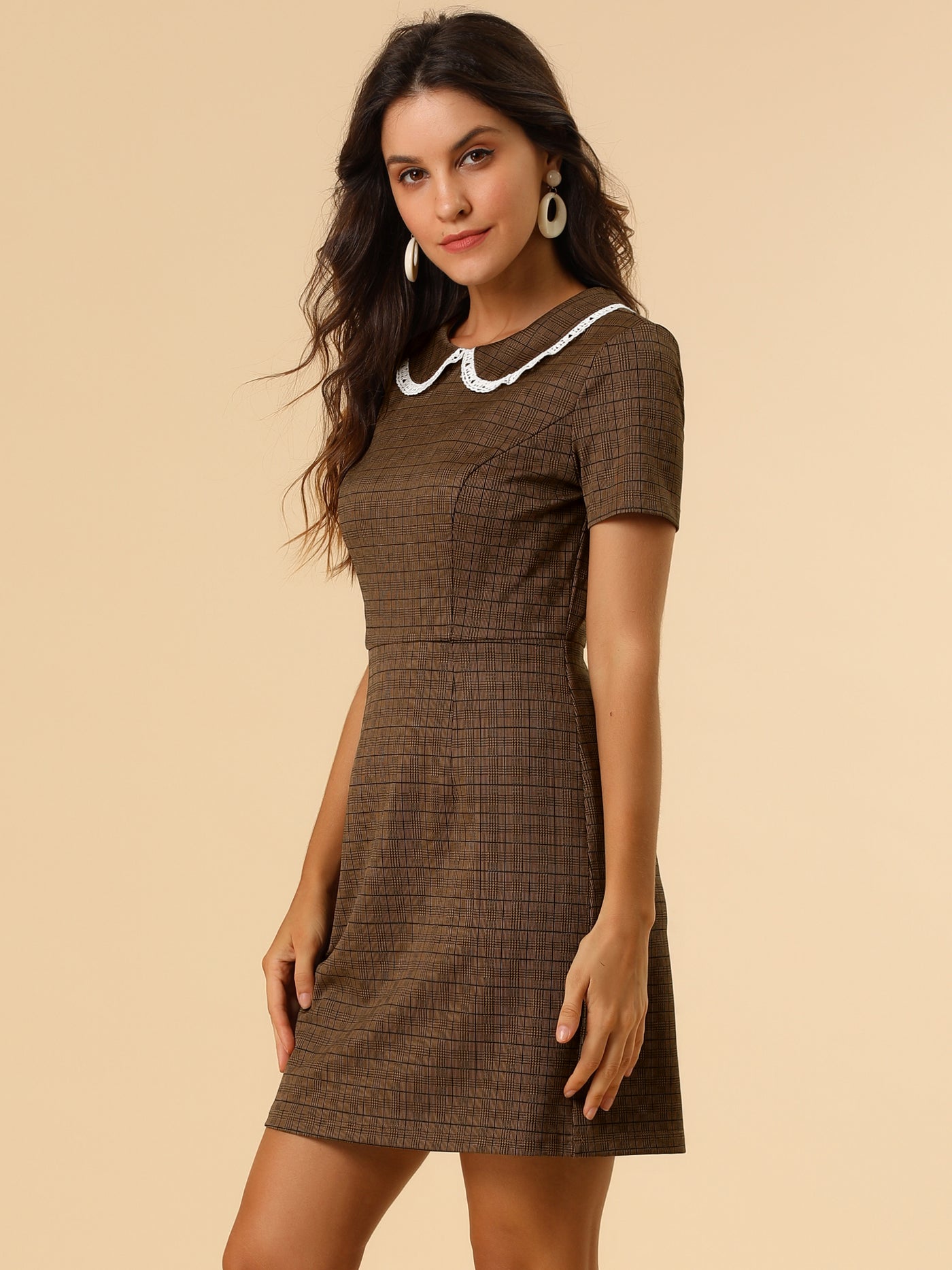 Allegra K Vintage Houndstooth Short Sleeve Slim Fit Stretchy Mini Bodycon Dress