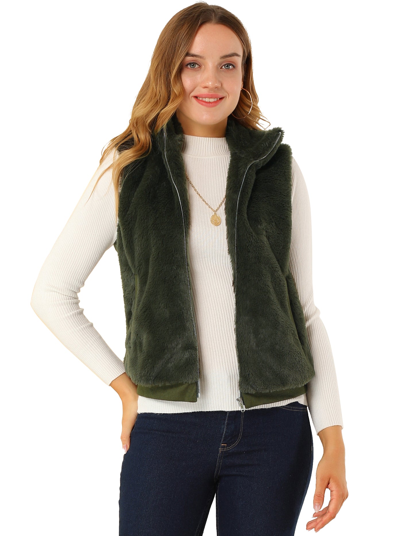 Allegra K Stand Collar Zip Warm Sleeveless Gilet Faux Fur Jackets Vest