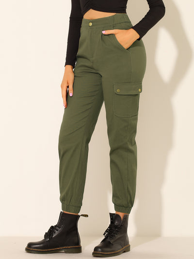 High Waist Utility Stretch Twill Cargo Pants Pockets Trousers