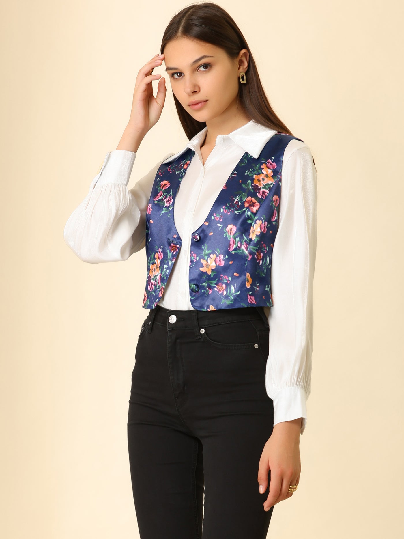 Allegra K Floral Pattern Button Closure Satin Waistcoat Vest