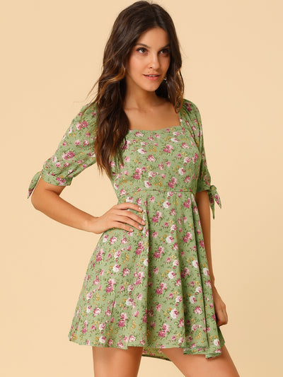 Floral Printed Sweetheart Neck Puff Sleeve A-Line Mini Dress