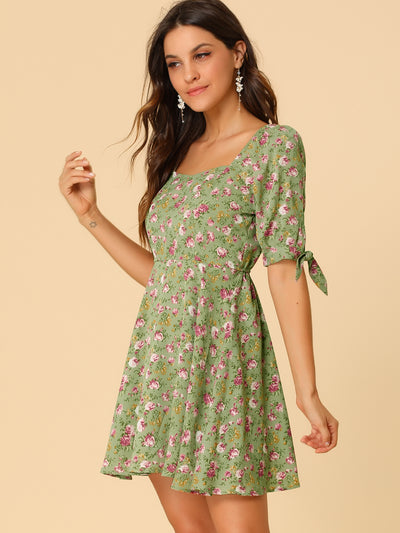 Floral Printed Sweetheart Neck Puff Sleeve A-Line Mini Dress