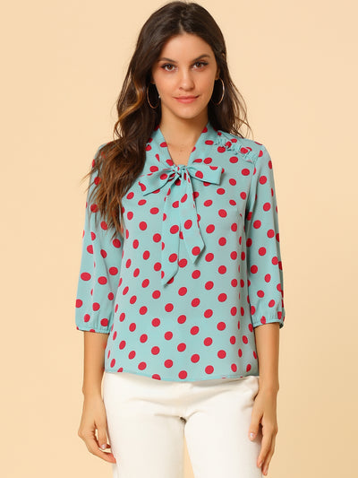 Printed Ruffle Shoulder Elastic Cuff Bow Tie Neck Blouse