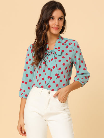 Printed Ruffle Shoulder Elastic Cuff Bow Tie Neck Blouse
