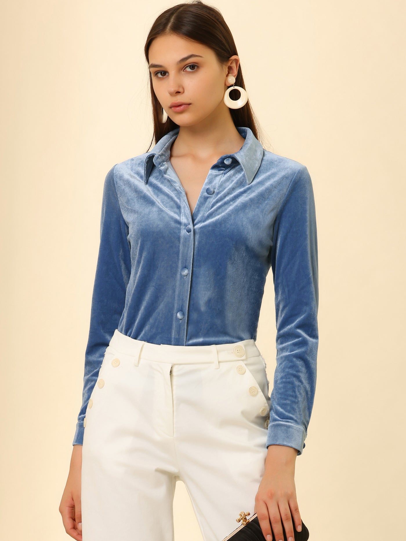 Allegra K Point Collar Velvet Blouse Long Sleeve Button Up Shirt