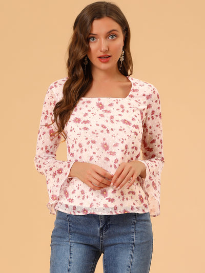 Floral Chiffon Square Neck Ruffle Bell Sleeve Blouse