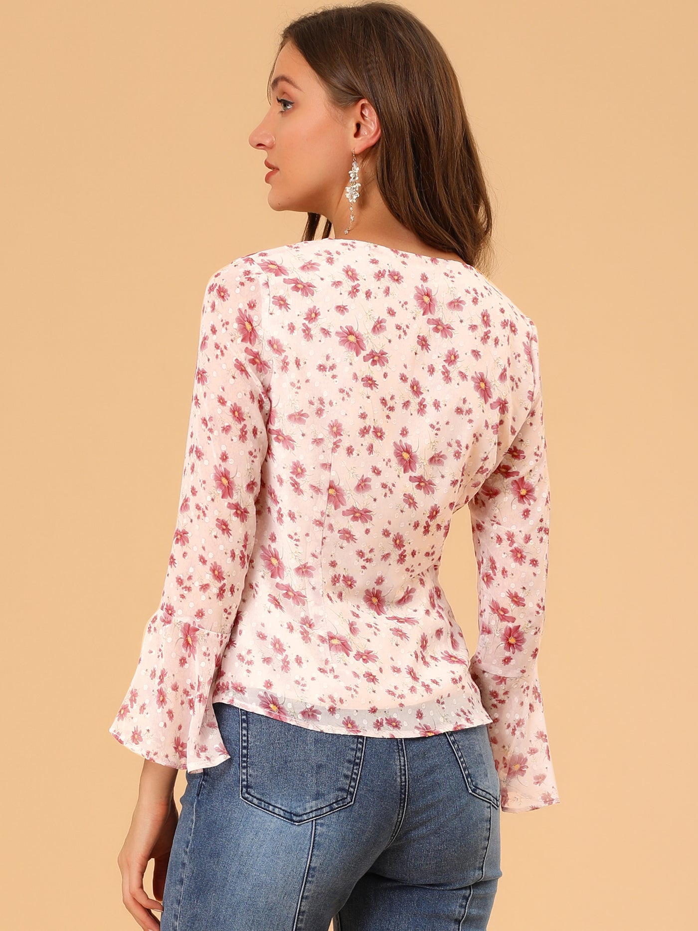Allegra K Floral Chiffon Square Neck Ruffle Bell Sleeve Blouse