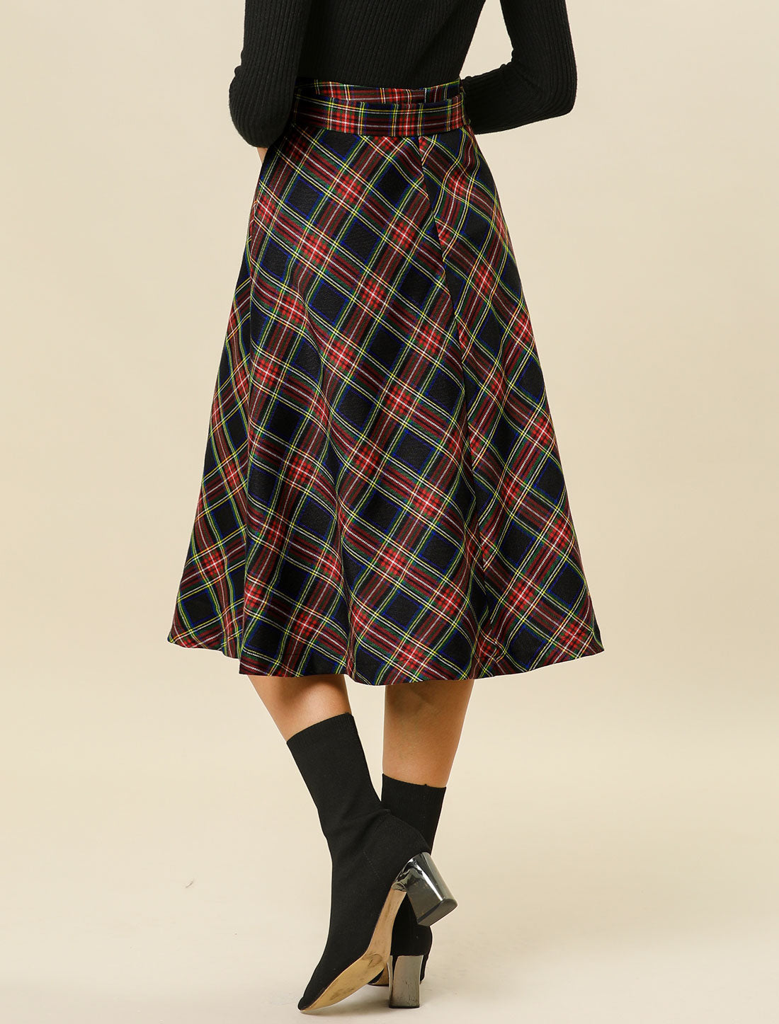 Allegra K Christmas Tartan Plaid High Waist Belted Vintage A-Line Midi Skirt