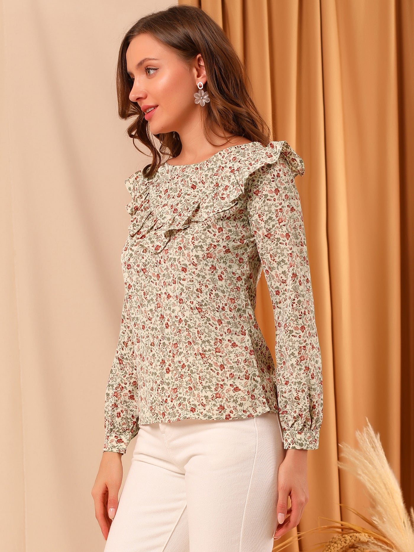 Allegra K Floral Top Long Sleeve Round Neck Vintage Ruffle Blouse