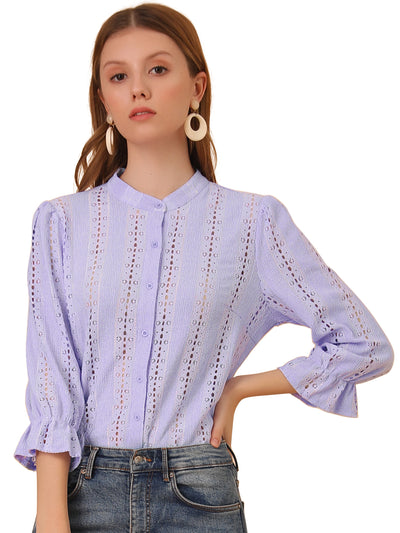 Eyelet Blouse Solid Knit Ruffle 3/4 Sleeve Button Front Top