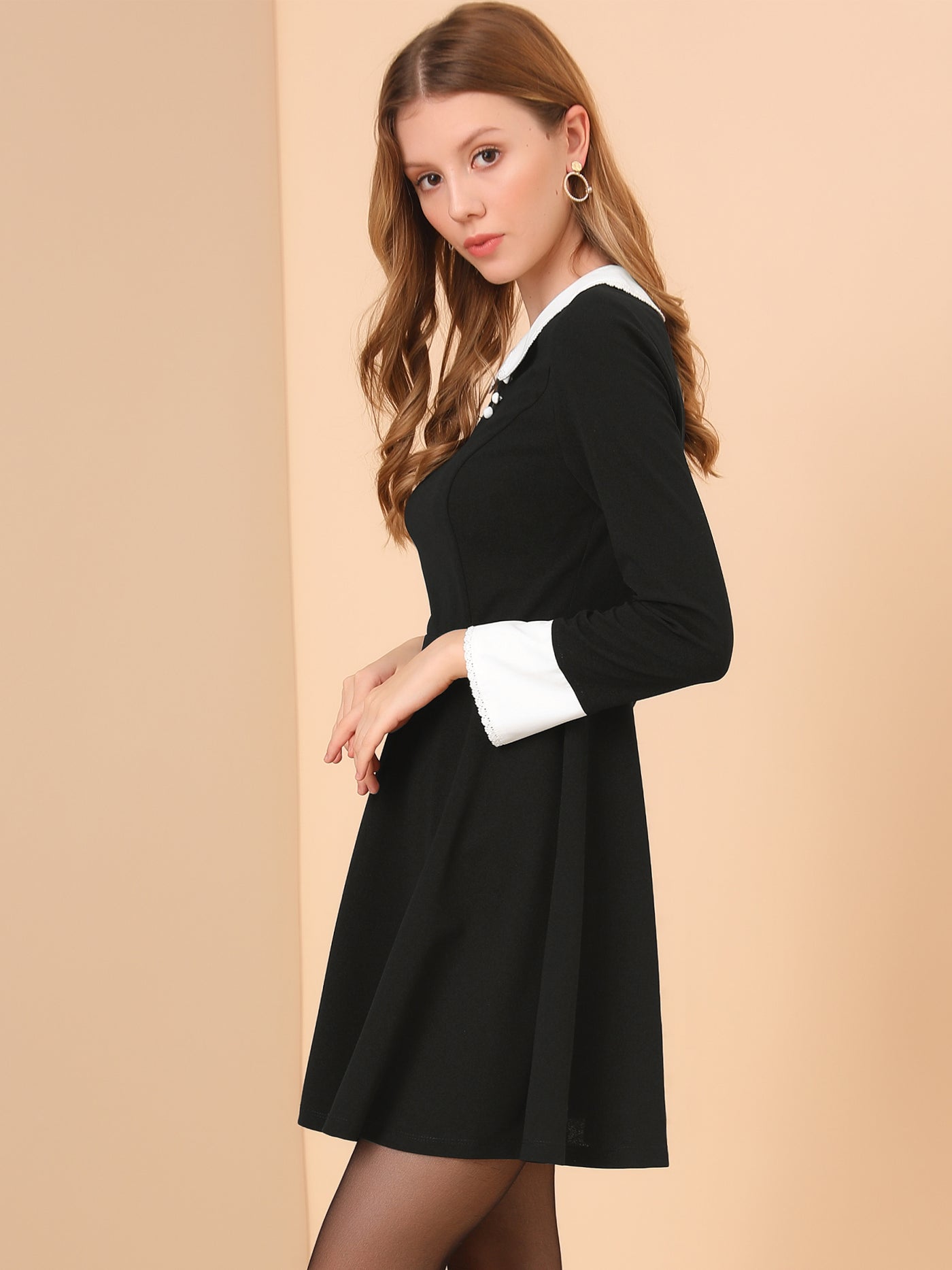 Allegra K Long Sleeve Peter Pan Collar Christmas Cute Fit and Flare Dress