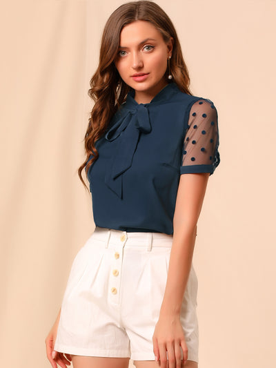 Bow Tie V Neck Stand Collar Short Mesh Sleeve Blouse