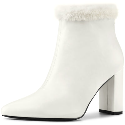 Pointed Toe Faux Fur Block Heel Ankle Boots