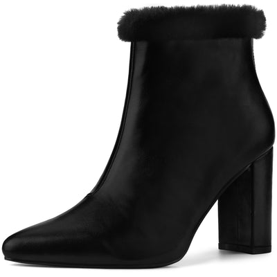 Pointed Toe Faux Fur Block Heel Ankle Boots