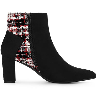 Tweed Plaid Bow Decor Side Zipper Block Heel Ankle Boots