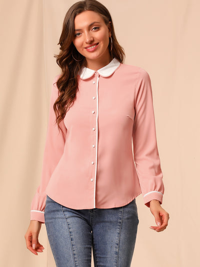 Button Down Long Sleeve Contrast Peter Pan Collar Office Blouse
