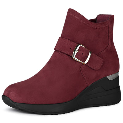 Round Toe Buckle Decor Platform Wedge Ankle Boots