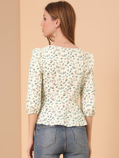 Sweetheart Neck Puff Sleeve 3/4 Sleeve Cotton Floral Blouse