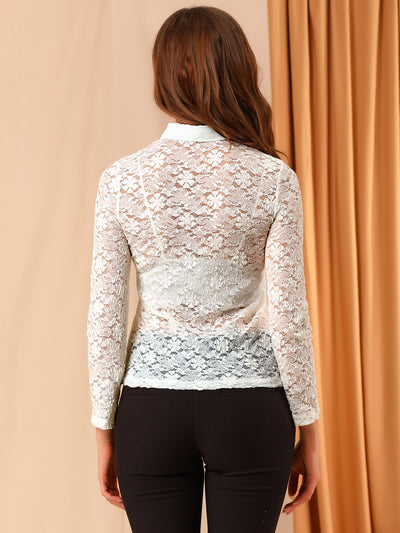 Semi Sheer Work Tops Button Front Elegant Floral Lace Shirt